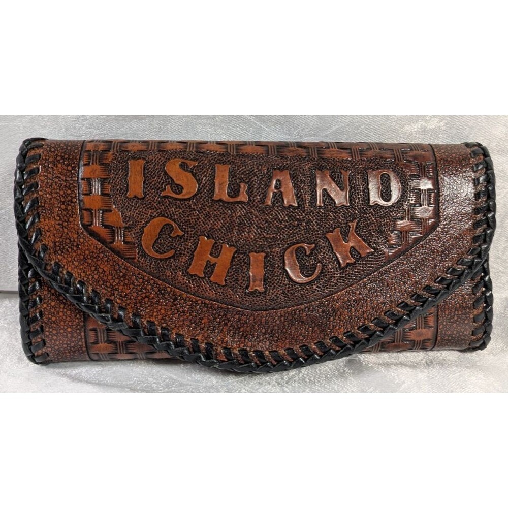 Vintage Tooled Leather Wallet Island Chick Basketweave Western Snap USA